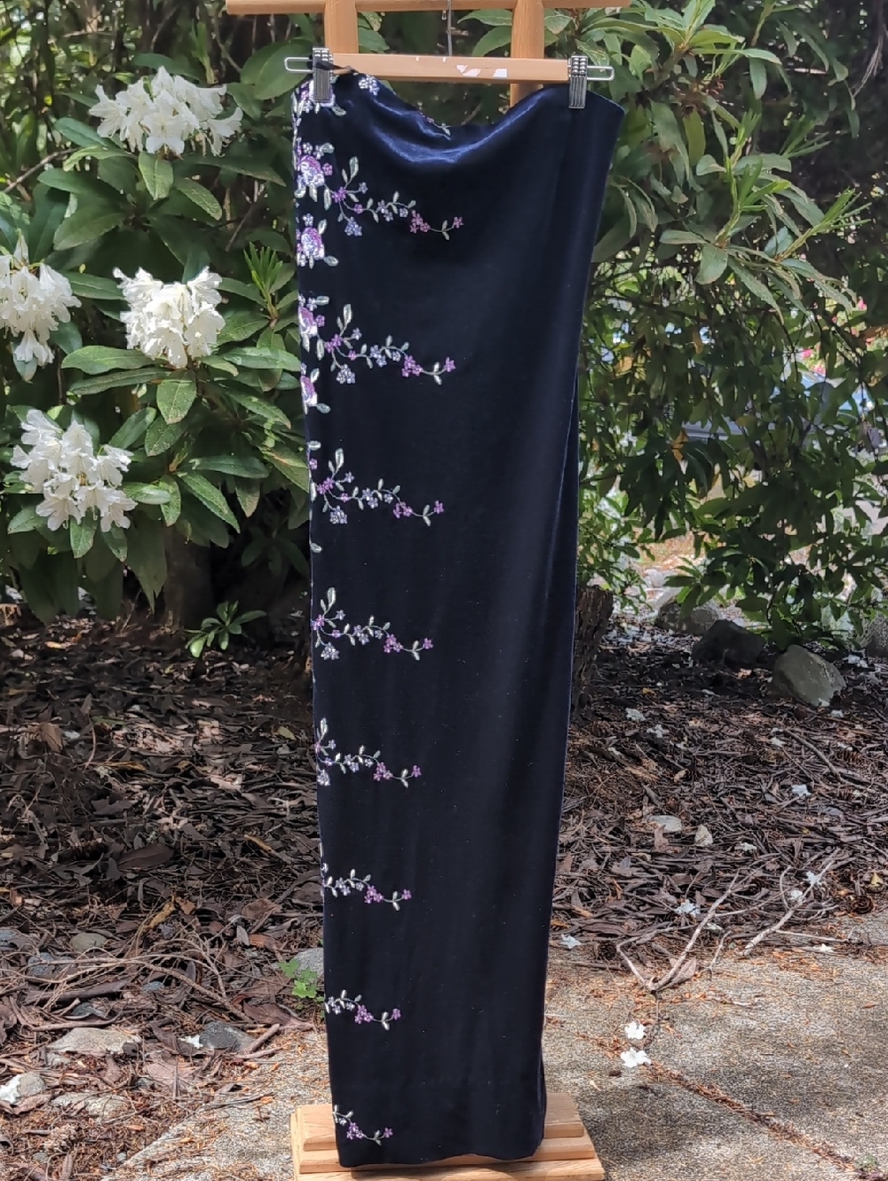 Vintage Blue Velvet Gown Embroidered Maxi Dress with Lavender Floral Embroidery